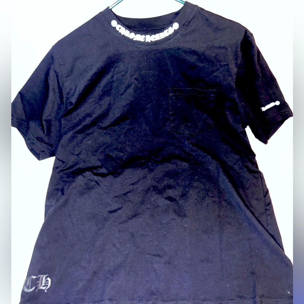 Black chrome hearts shirt with lettering on the collar and on sleeve